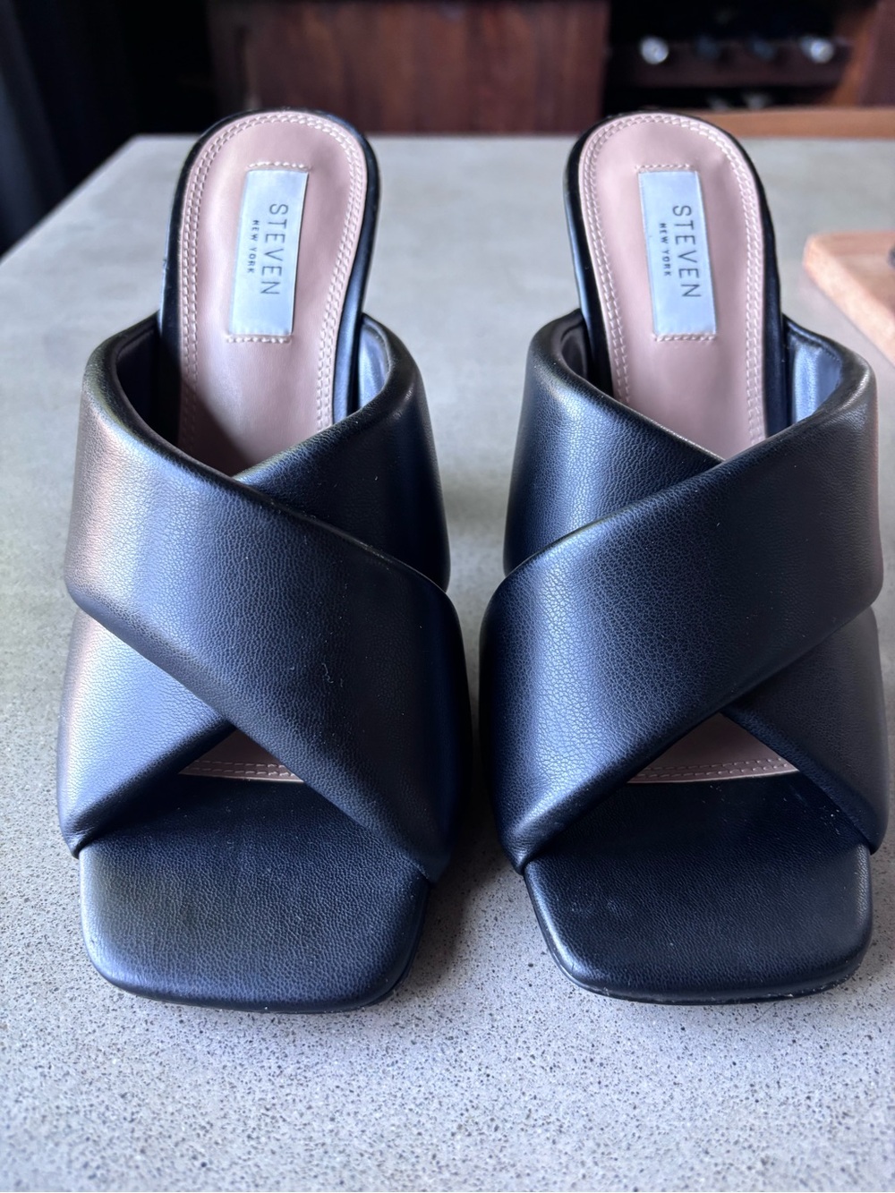 STEVEN New York Black Cross-Band Slide Mules